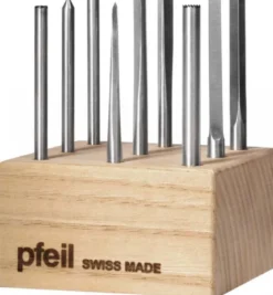 Set of 9 Pfeil Punches for Wood in Wooden Block